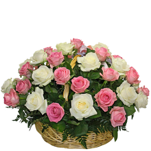 Корзина с белыми и розовыми розами
